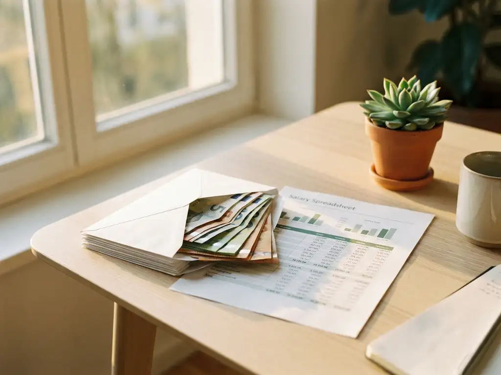 Witte envelop gevuld met eurobiljetten naast een salarisoverzicht en succulent op een bureau, warm ochtendlicht.