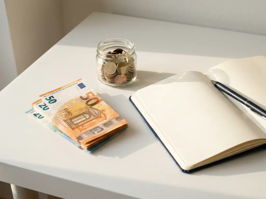 Gestapelde eurobiljetten naast een glazen pot met munten op een wit bureau, met een open notitieboek en pen.