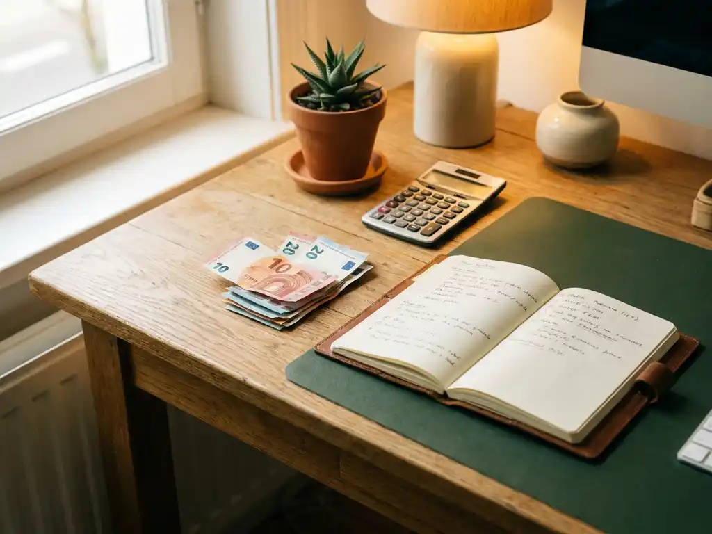 Eiken bureau met eurobiljetten, open leren notitieboek, rekenmachine en vetplant in zacht ochtendlicht.