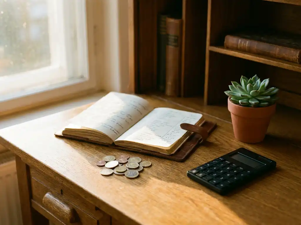 Eikenhouten bureau met euromunten, open leren notitieboek, calculator en groene succulent in warm middaglicht.