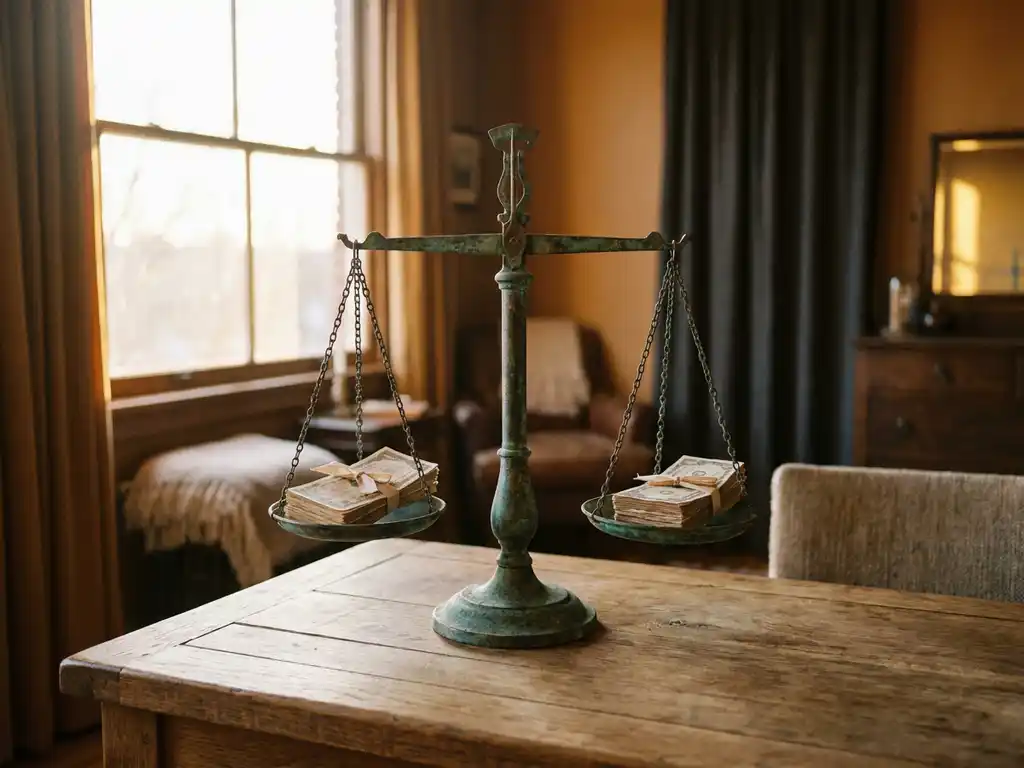 Verouderde bronzen weegschaal in balans op eikenhouten bureau met financiële documenten aan beide zijden, warm amberkleurig licht.