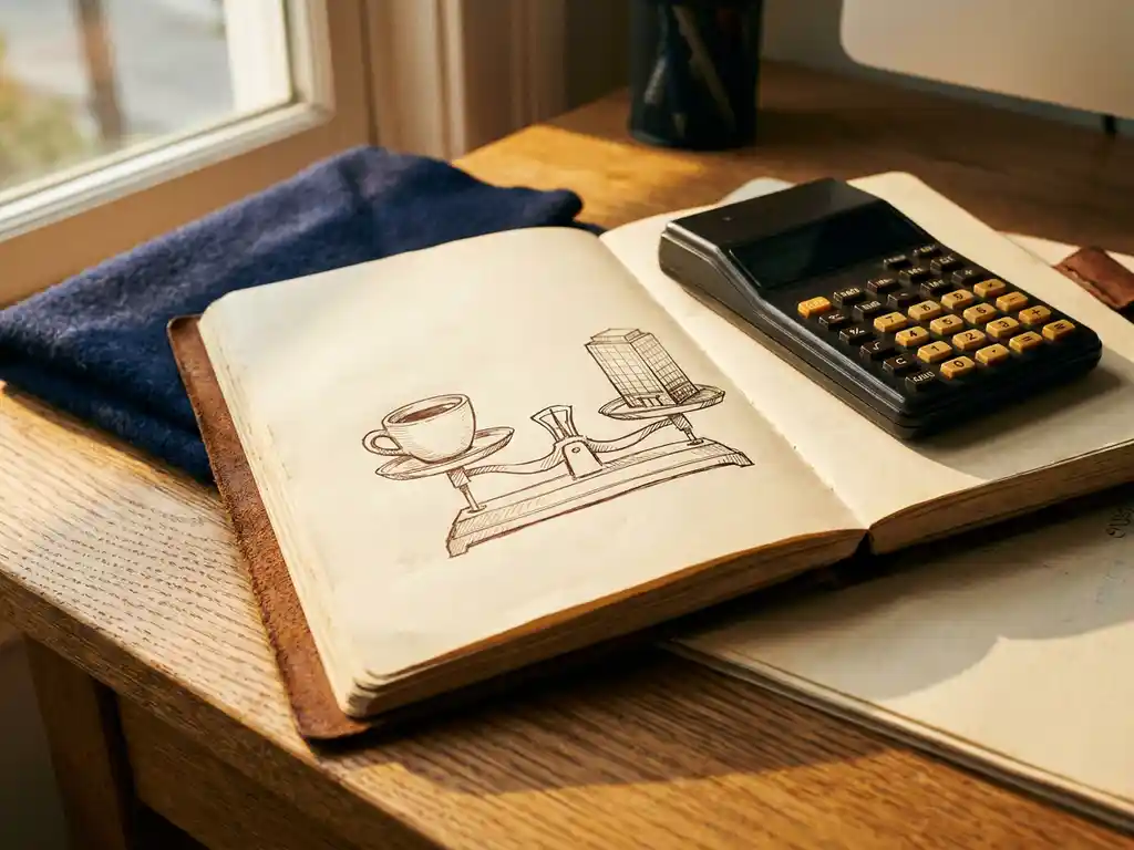 Opengeslagen leren notitieboek met handgetekende balansweegschaal tussen koffiekopje en kantoorgebouw, op eikenhouten bureau met rekenmachine.