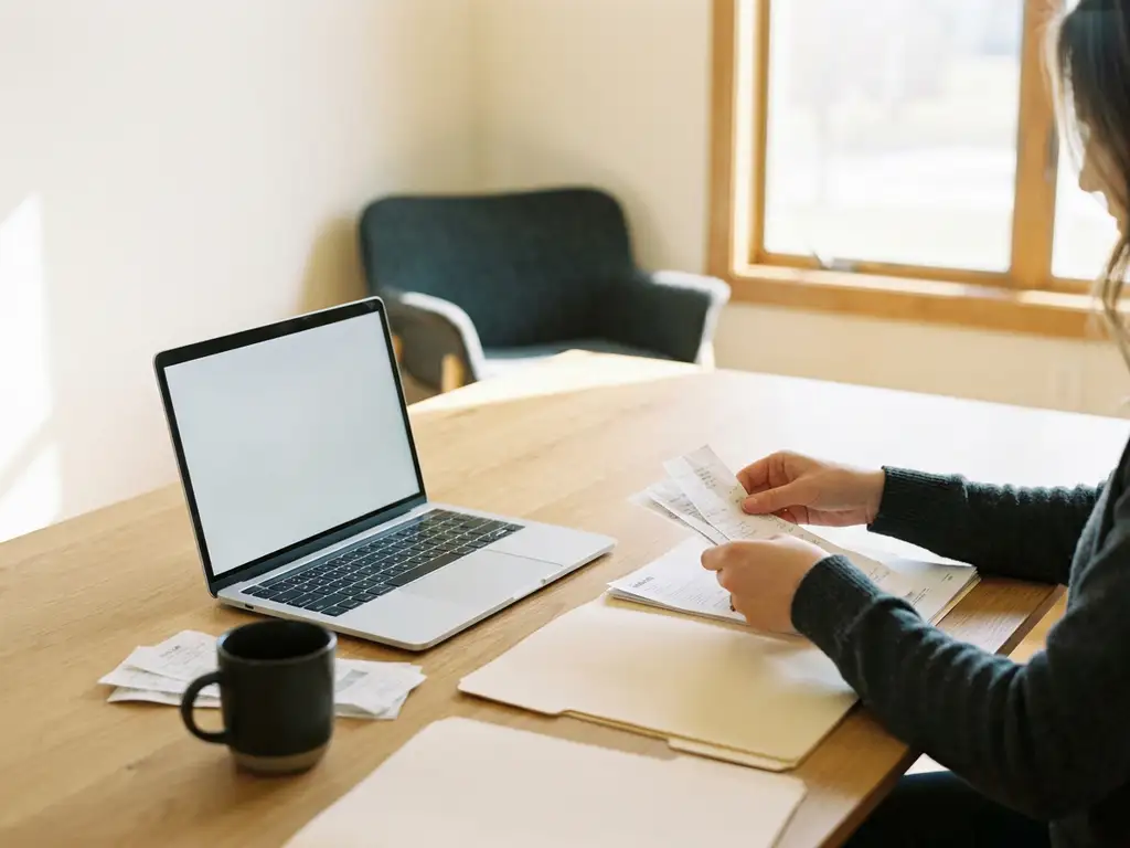Freelance professional organiseert belastingdocumenten op een minimalistische eikenhouten bureau met laptop, bonnetjes en koffie in ochtendlicht.