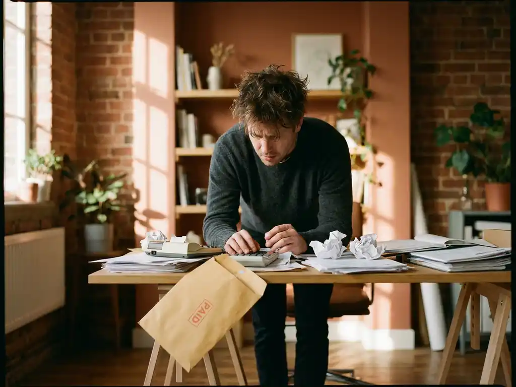 Gestreste freelancer aan rommelig bureau met loonstrookjes, rekenmachine en verfrommeld papier in warme studio met bakstenen muur.