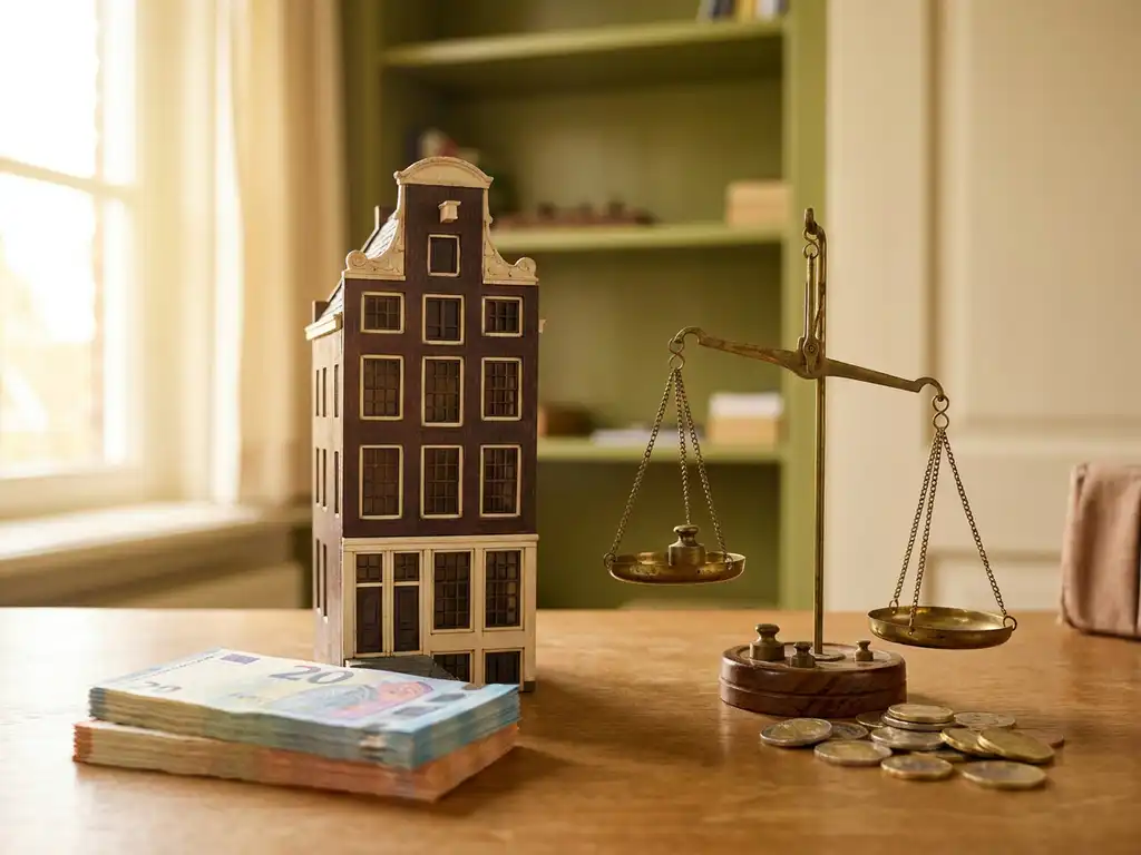 Miniatuur houten kantoorgebouw naast gestapelde eurobiljetten en een messing weegschaal met munten, in warm ochtendlicht.
