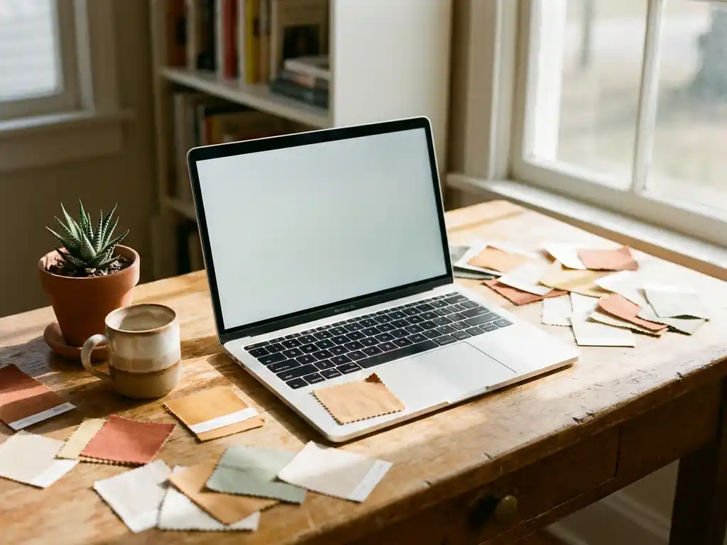 Laptop op houten bureau met kleurstalen, succulent en koffiemok in warm natuurlijk licht.