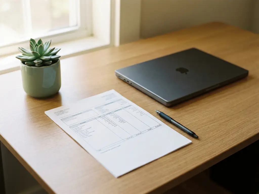 Loonstrook op modern bureau naast laptop, pen en succulent, warm natuurlijk licht, professionele sfeer.
