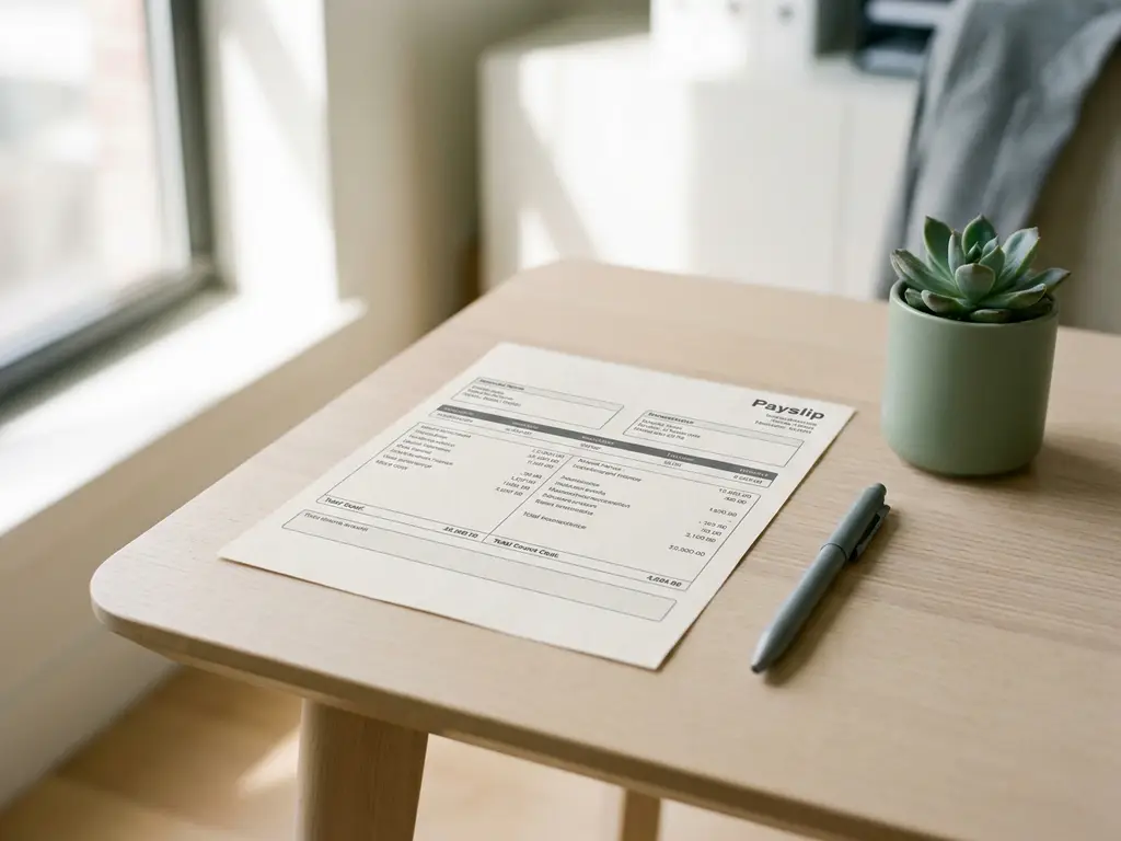 Loonstrook op modern bureau naast pen en vetplant, verlicht door zacht natuurlijk raamlicht.