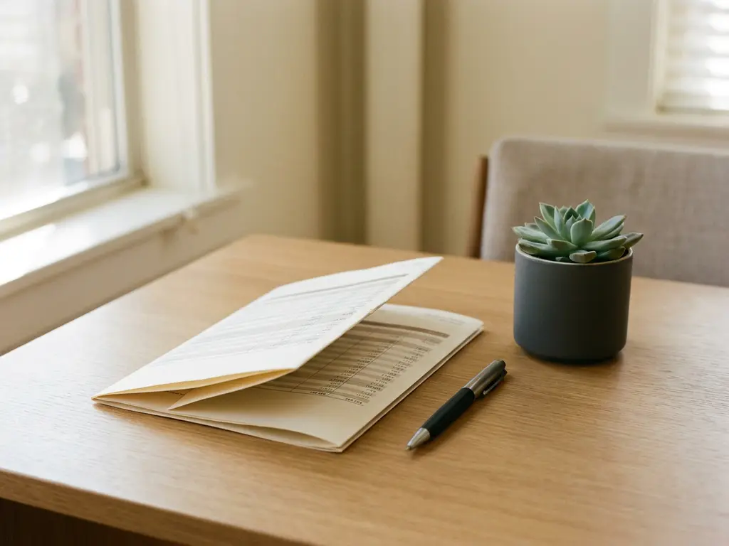 Gevouwen loonstrook op een eiken bureau naast een pen en vetplantje, verlicht door zacht natuurlijk daglicht.