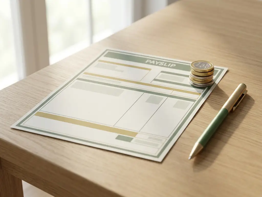 Loonstrook op licht eiken bureau naast euromunt stapel en pen, zacht natuurlijk licht, professionele sfeer.