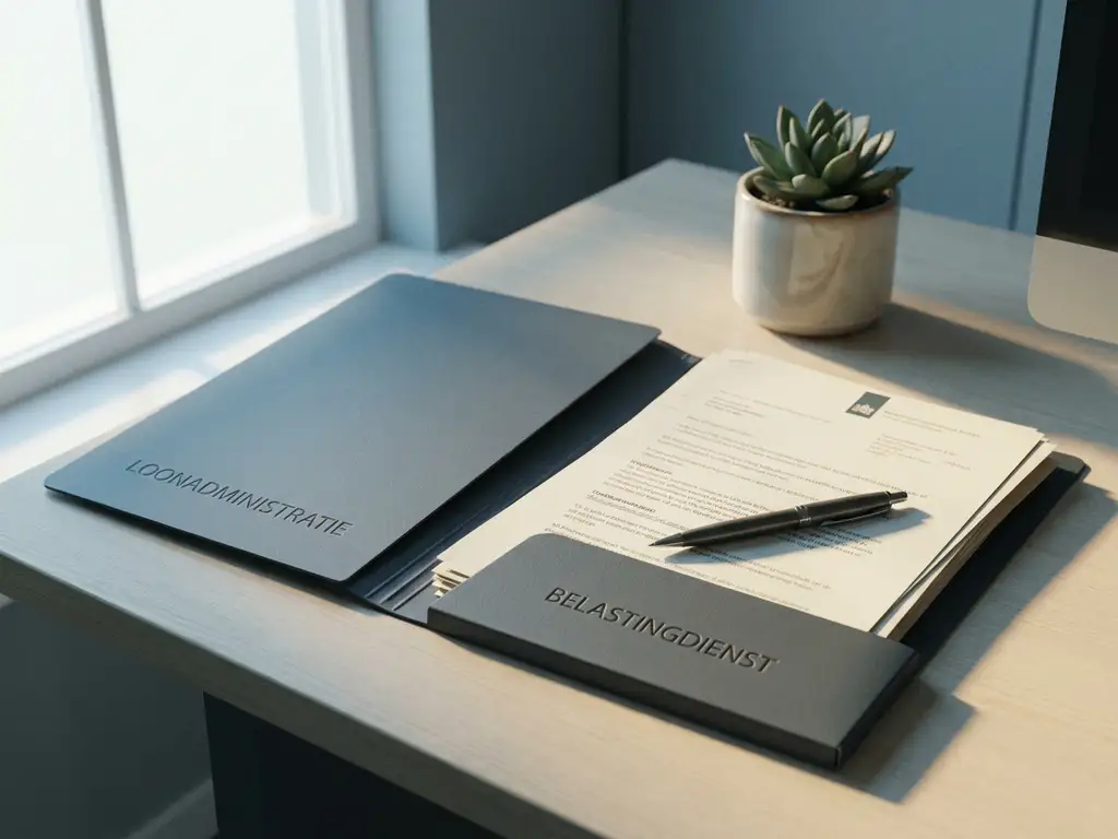 Open loonbelastingmap met officiële documenten op modern bureau, pen erop, klein succulent erbij, zacht natuurlijk licht.
