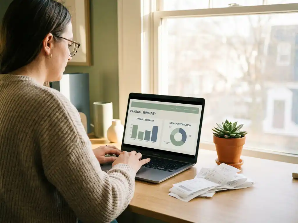 Ondernemer bekijkt salariscijfers op laptop met loonadministratie dashboard, succulent en bonnetjes op minimalistisch bureau in warm ochtendlicht.