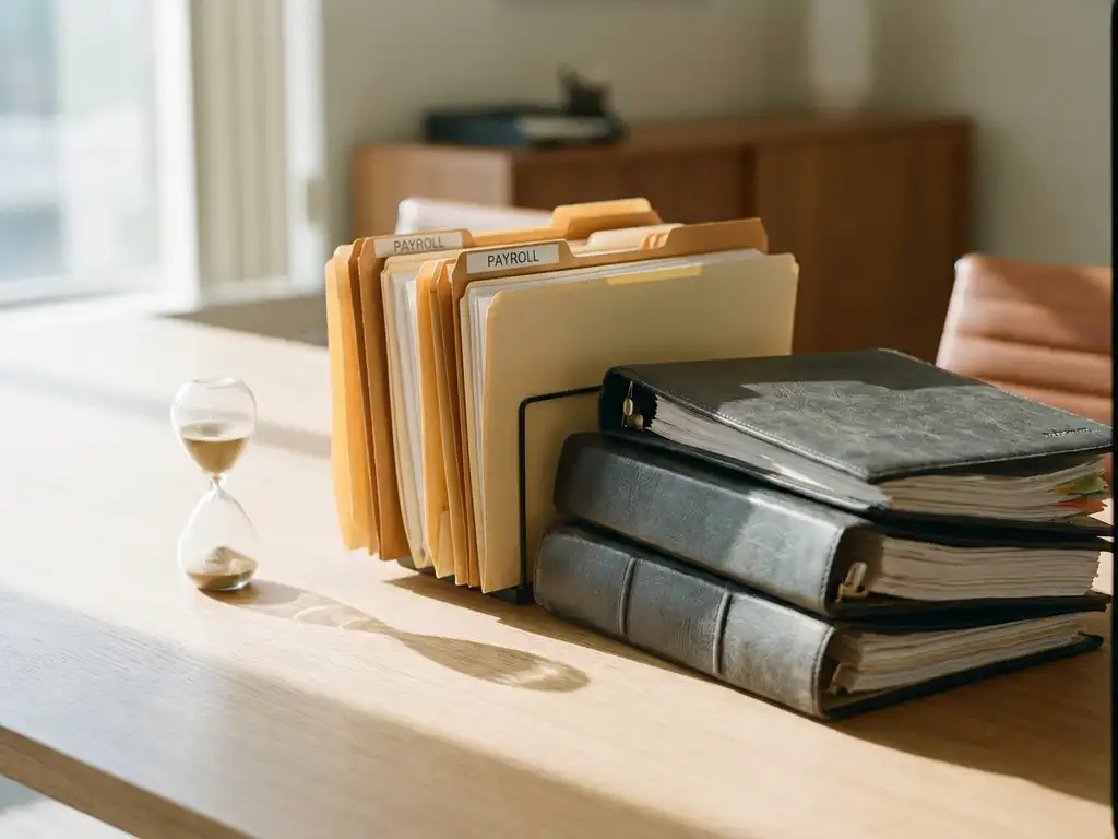 Gestapelde loonmappen en financiële ordners op modern bureau met zandloper, zachte natuurlijke belichting in warme amberkleurige tinten.