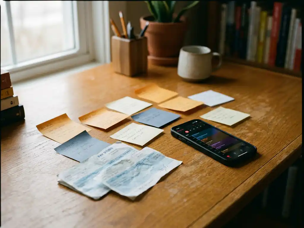 Kleurrijke tijdregistratiekaarten en verfrommelde loonstrookjes verspreid op een eiken bureau naast een smartphone met kalender.