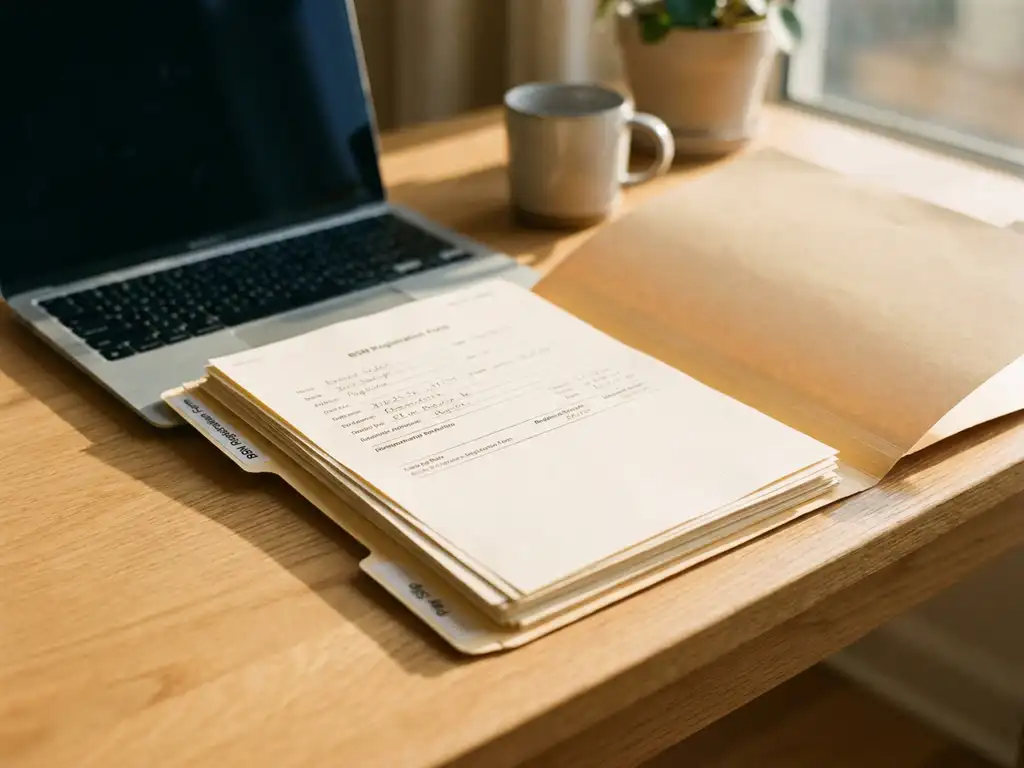Open personeelsdossier met loonstroken en BSN-registratieformulier op een licht eikenhouten bureau naast een laptop.